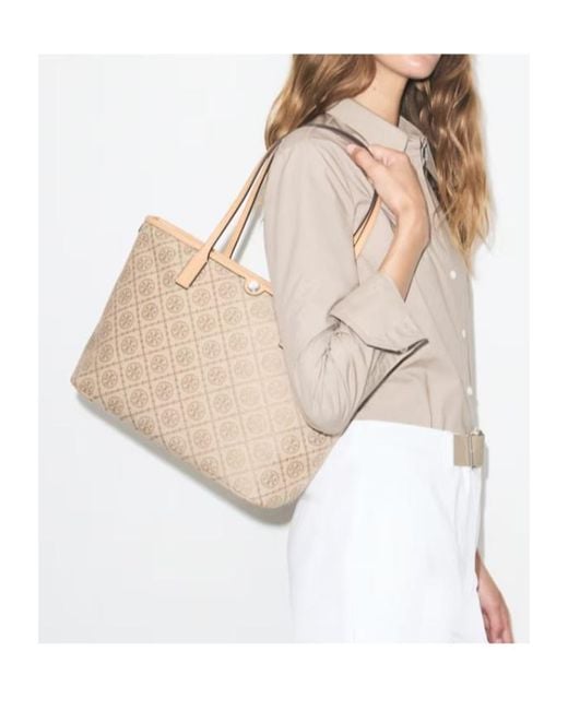 Tory Burch Natural T Monogram Small Zip Tote