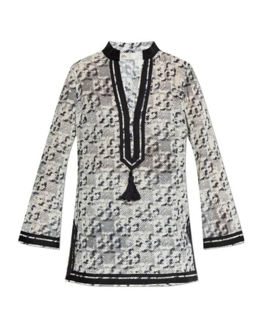 Tory Burch Gray Long-Sleeved All-Over Printed Top
