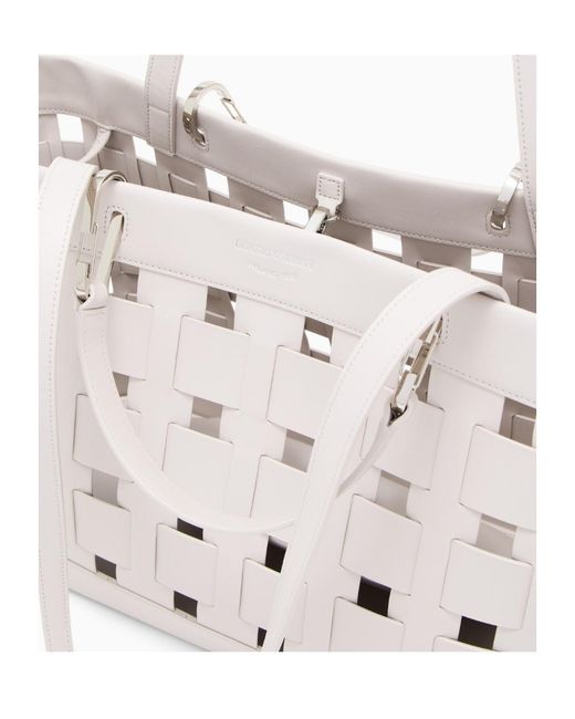 Emporio Armani White Tote Bag With Woven Design Double Handles And Pouch