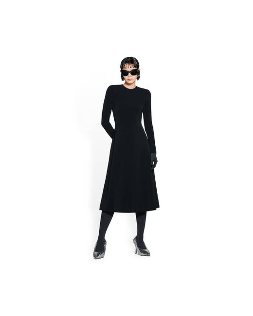 Balenciaga Black Crewneck Pleated Long-Sleeved Dress