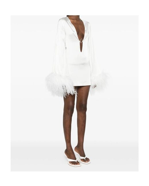 Oseree White Feather-Trim Mini Dress
