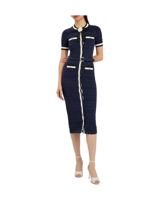 Self-Portrait Blue Pointelle-Knit Midi Dress