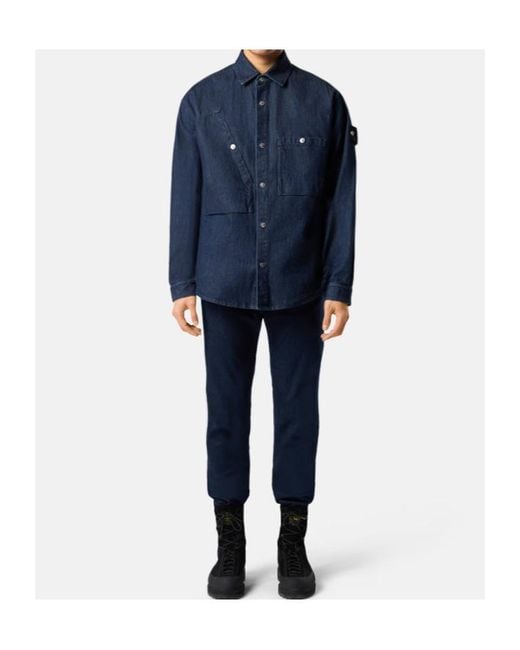Stone Island Blue Logo Patch Long Sleeved Shirt Jacket for men