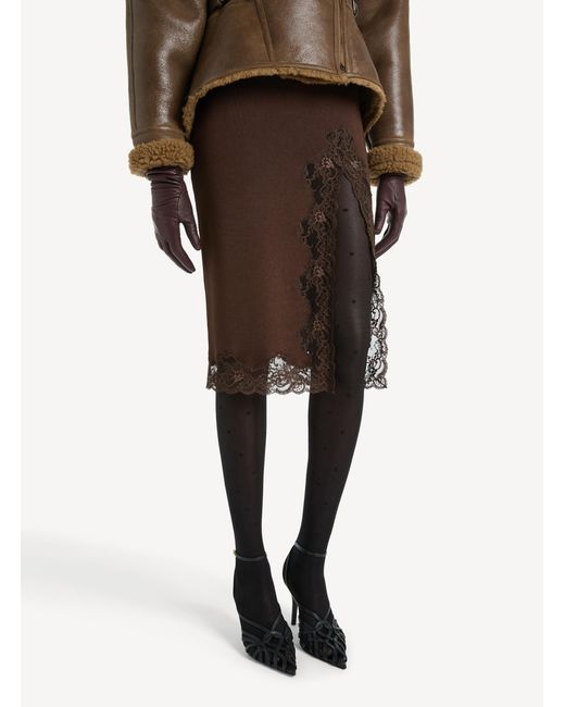 Balmain Brown Knit Midi Skirt With Lace