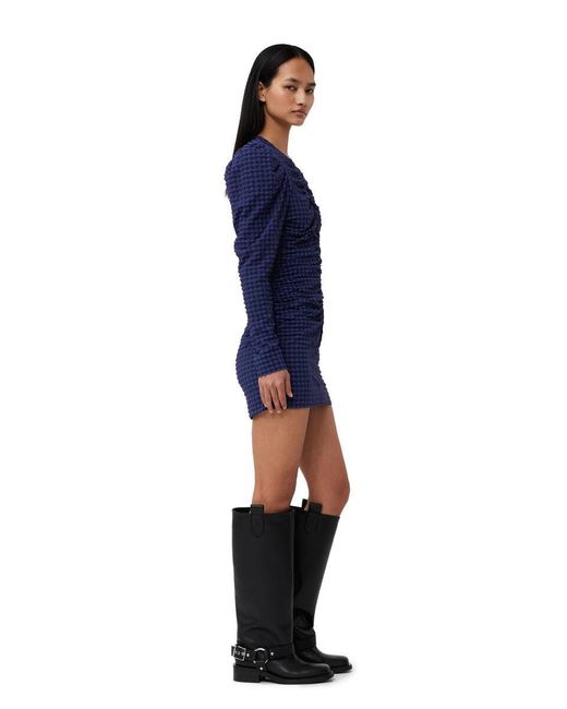 Ganni Blue Gingham Printed Crewneck Seersucker Mini Dress