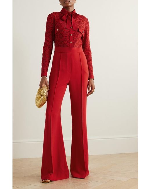Elie Saab Red Pussy-Bow Corded Lace And Crepe Jumpsuit