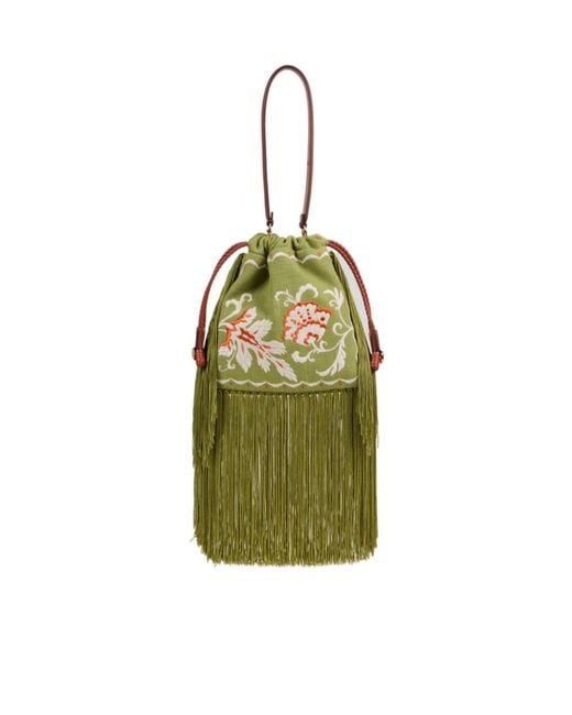 Etro Green Kalispera Fringed Bucket Bag