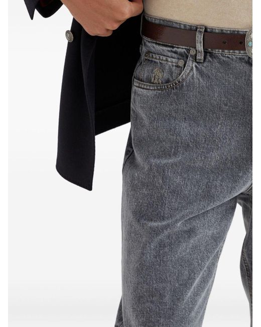 Brunello Cucinelli Gray Logo Patch Straight-Leg Jeans for men