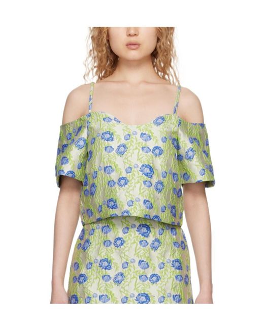 Ganni Green Floral Jacquard Off-Shoulder Blouse