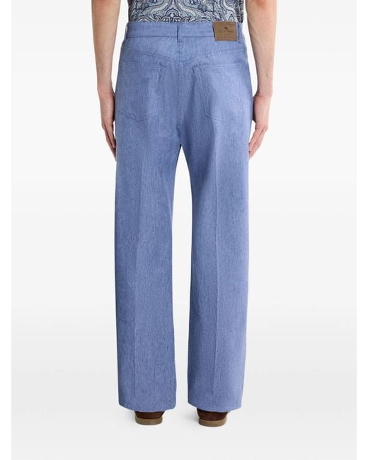 Etro Blue Straight-Leg Linen-Blend Denim Jeans With Pressed Creases for men