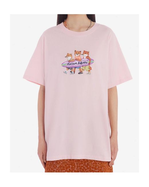 Maison Kitsuné Pink Surfing Foxes-Print Cotton T-Shirt