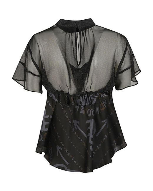 Sacai Black Graffiti Print Tulle Blouse