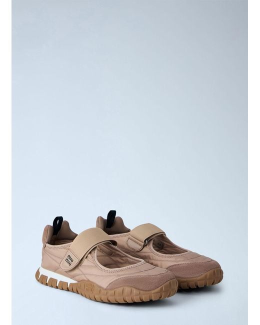 Miu Miu Brown Tyre Technical Fabric And Suede Ballerinas