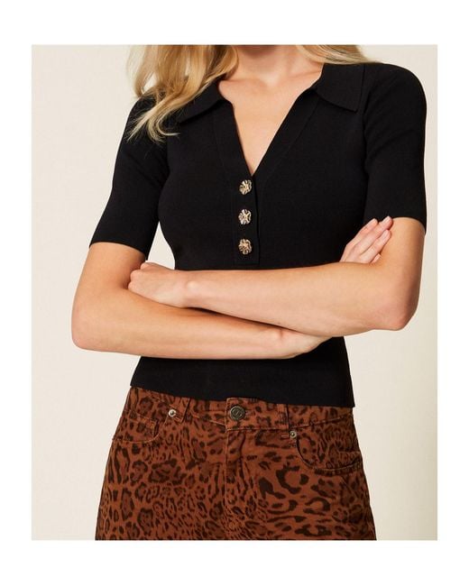 Twinset Black Button Embellished Polo Shirt