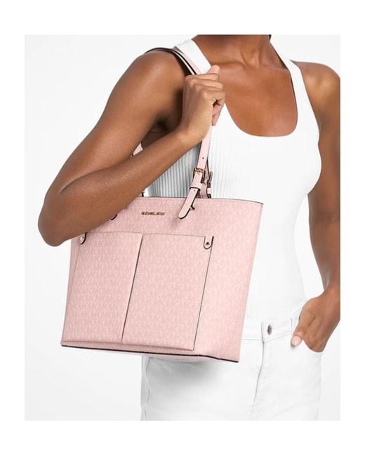 Michael Kors Pink Jet Set Medium Signature Logo Pocket Tote Bag