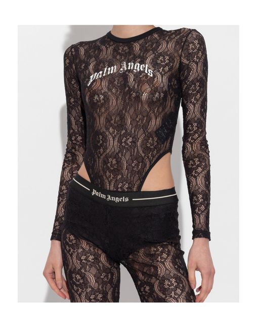 Palm Angels Gray Logo Printed Lace Bodysuit