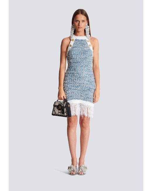 Balmain Blue Fringed Denim Tweed Dress
