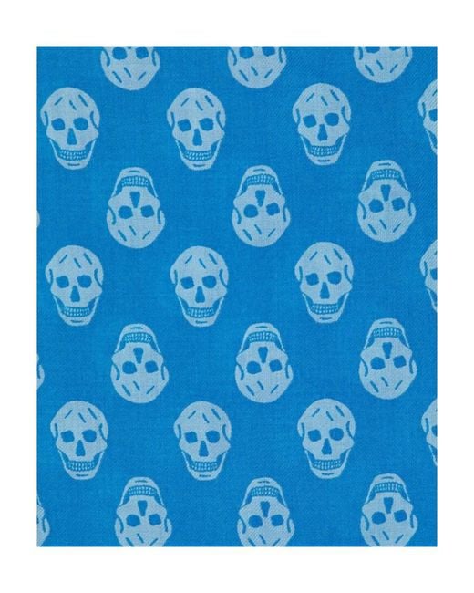 McQueen Blue Skull-Printed Fringed Scarf