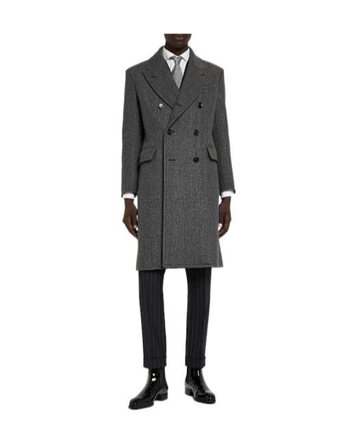 Tom Ford Gray Double Breasted Wool Herringbone Coat for men