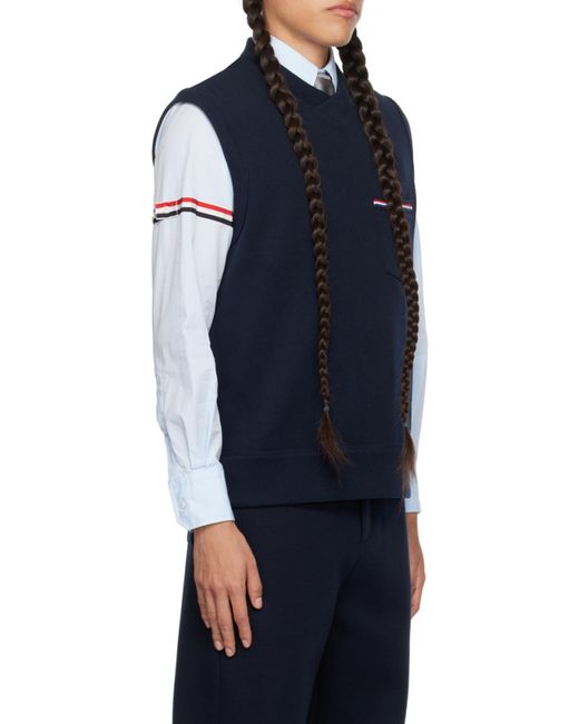 Thom Browne Blue V-Neck Knitted Vest for men
