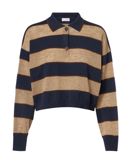 Brunello Cucinelli Blue Wool, Cashmere, And Silk Polo Sweater