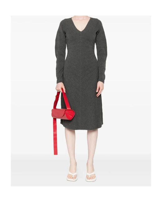 Twinset Gray Textured-Knit V-Neck Mini Dress