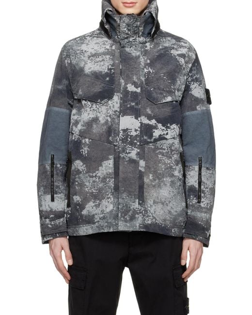 Stone Island Gray Camouflage Printed Logo Patch Jacket for men