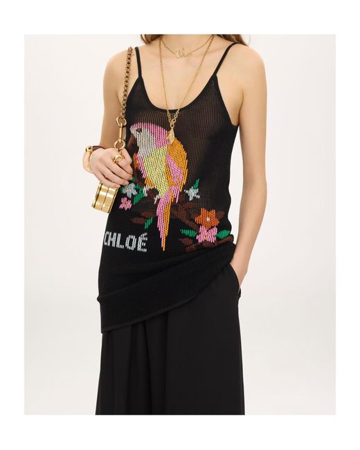 Chloé Black Thin-Strap Fitted Logo Mini Dress