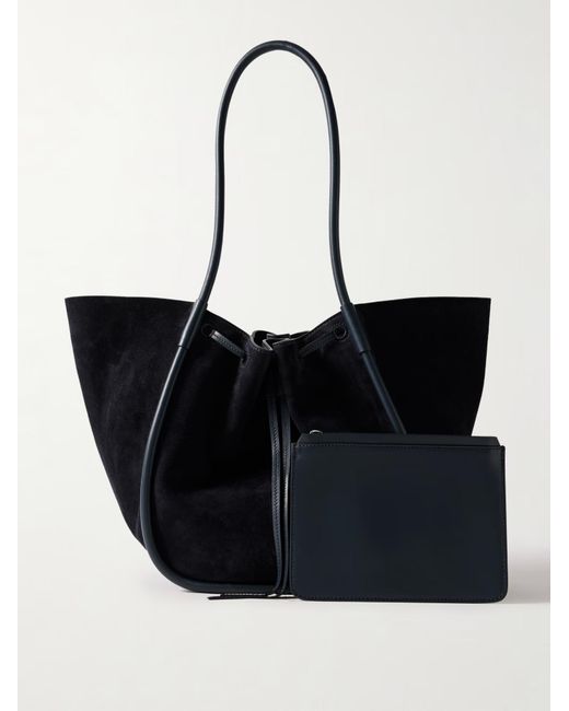 Proenza Schouler Black Large Leather-Trimmed Ruched Suede Tote