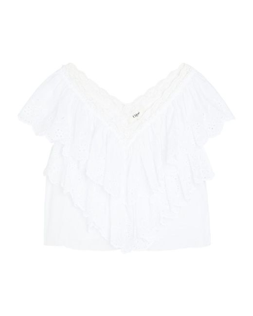 Chloé White Embroidered Ruffled Cropped Cotton Top