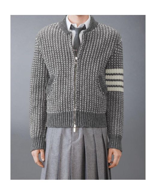 Thom Browne Gray Bar Chunky-Knit Bomber Jacket for men