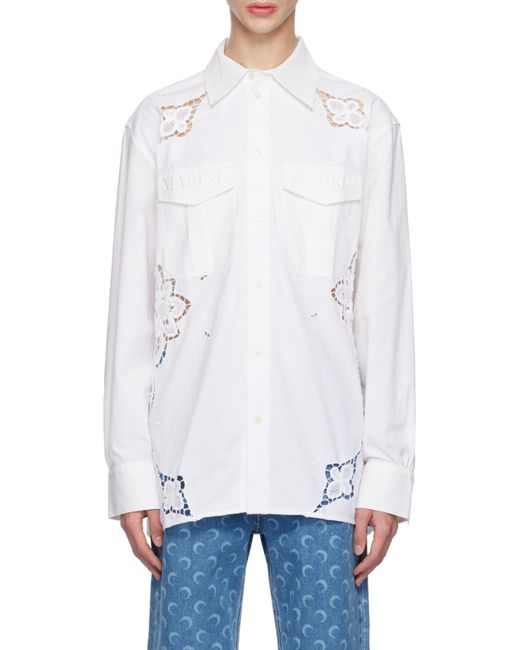 MARINE SERRE White Crochet-Panel Embroidered Long-Sleeved Shirt