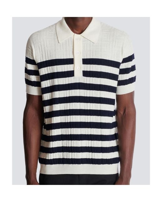 Balmain Blue Striped Knit Polo Shirt With Monogram for men
