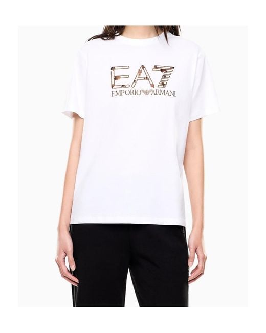 EA7 White Logo Sequin Embellished Crewneck T-Shirt