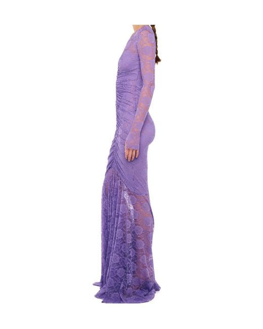 Norma Kamali Purple V Neck Shirred Front Fishtail Gown
