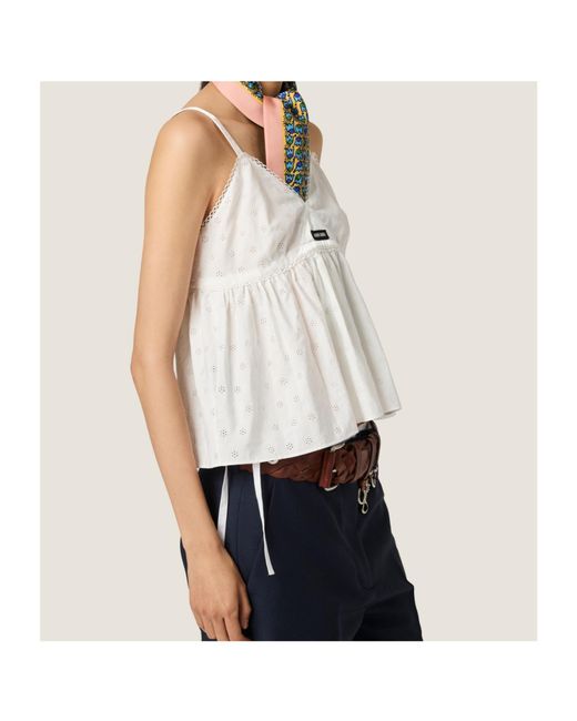 Miu Miu White Slubbed Eyelet Poplin Top