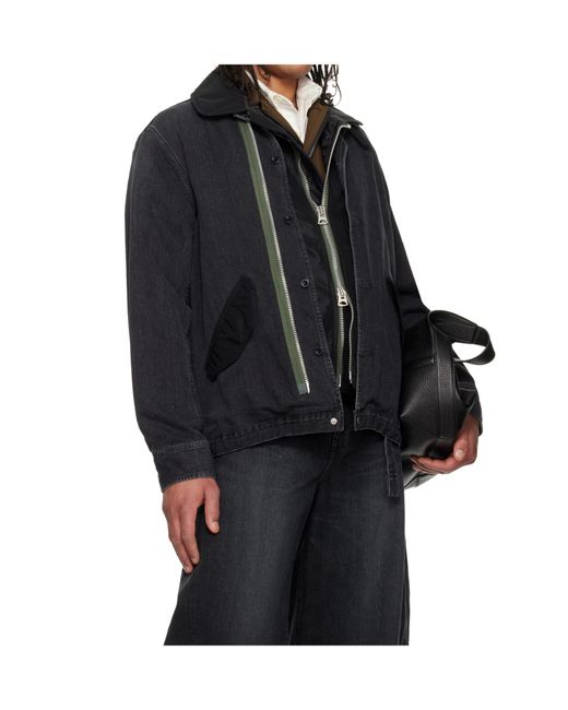 Sacai Black Panelled Zip Denim Jacket for men