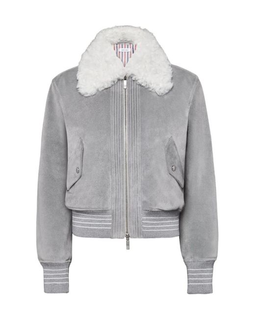 Thom Browne Gray Shearling-Collar Suede Jacket