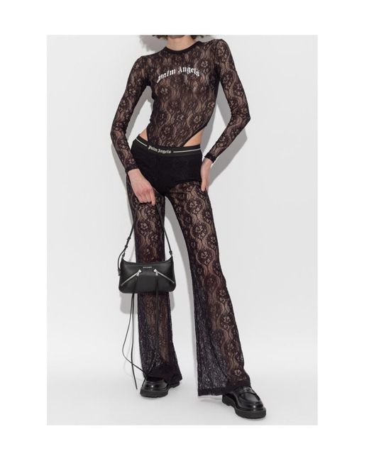 Palm Angels Gray Logo Printed Lace Bodysuit