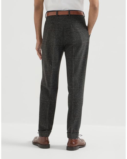 Brunello Cucinelli Gray Silk, Wool And Cashmere Prince Of Wales Flannel Trousers With Pleat for men
