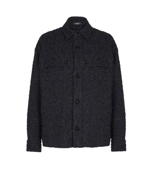 Balmain Blue Monogram Tweed Overshirt for men