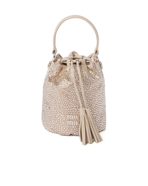 Miu Miu Natural Satin Bucket Bag With Synthetic Crystals