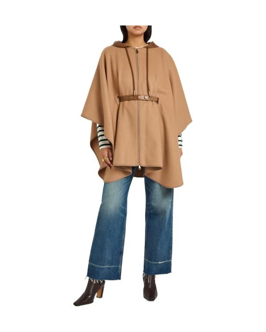 Moncler Brown Hooded Belted Wool-Blend Cape Coat