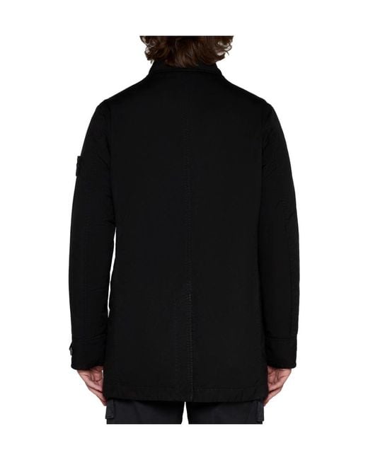 Stone Island Black Compass-Patch Long-Sleeved Button-Up Coat for men