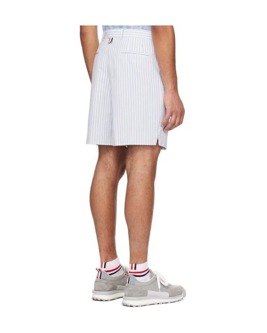 Thom Browne White Logo Tag Striped Seersucker Shorts for men