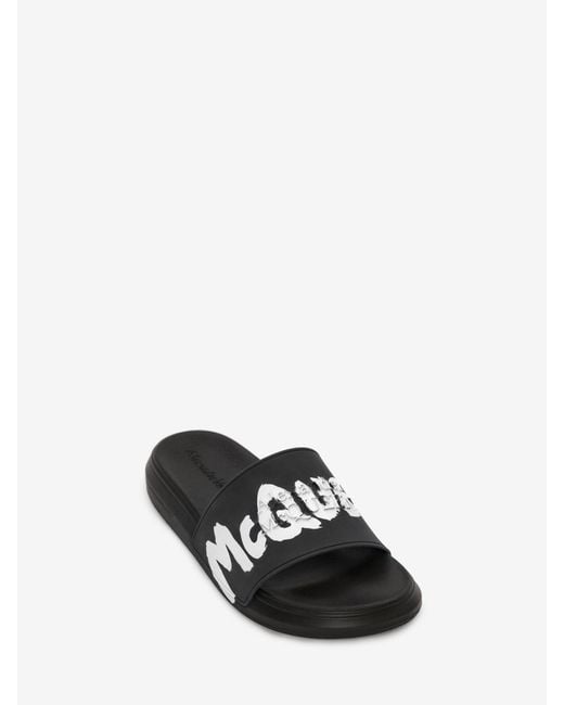 McQueen Black Grafitti Logo Printed Slip-On Slides for men