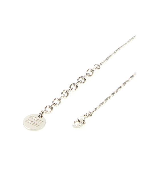 Miu Miu White Metal Necklace With Crystals