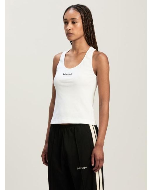 Palm Angels White Logo Embroidered Ribbed Tank Top