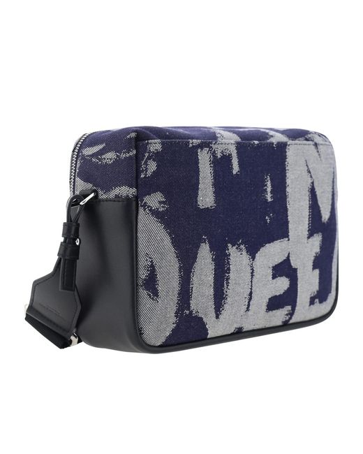 McQueen Blue Graffiti-Logo Pattern Shoulder Bag for men