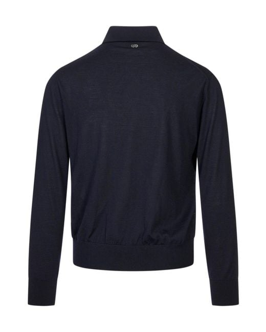 Agnona Blue Long-Sleeve Knitted Polo Shirt for men